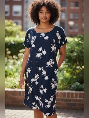 J. Jill Wearever Collection Navy Floral Scoop Neck Casual Knit Dress 1X